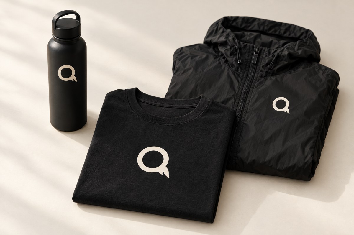 A preview of the ink GoQavah tee, windbreaker and bottle, each with the bone Ember Q symbol.