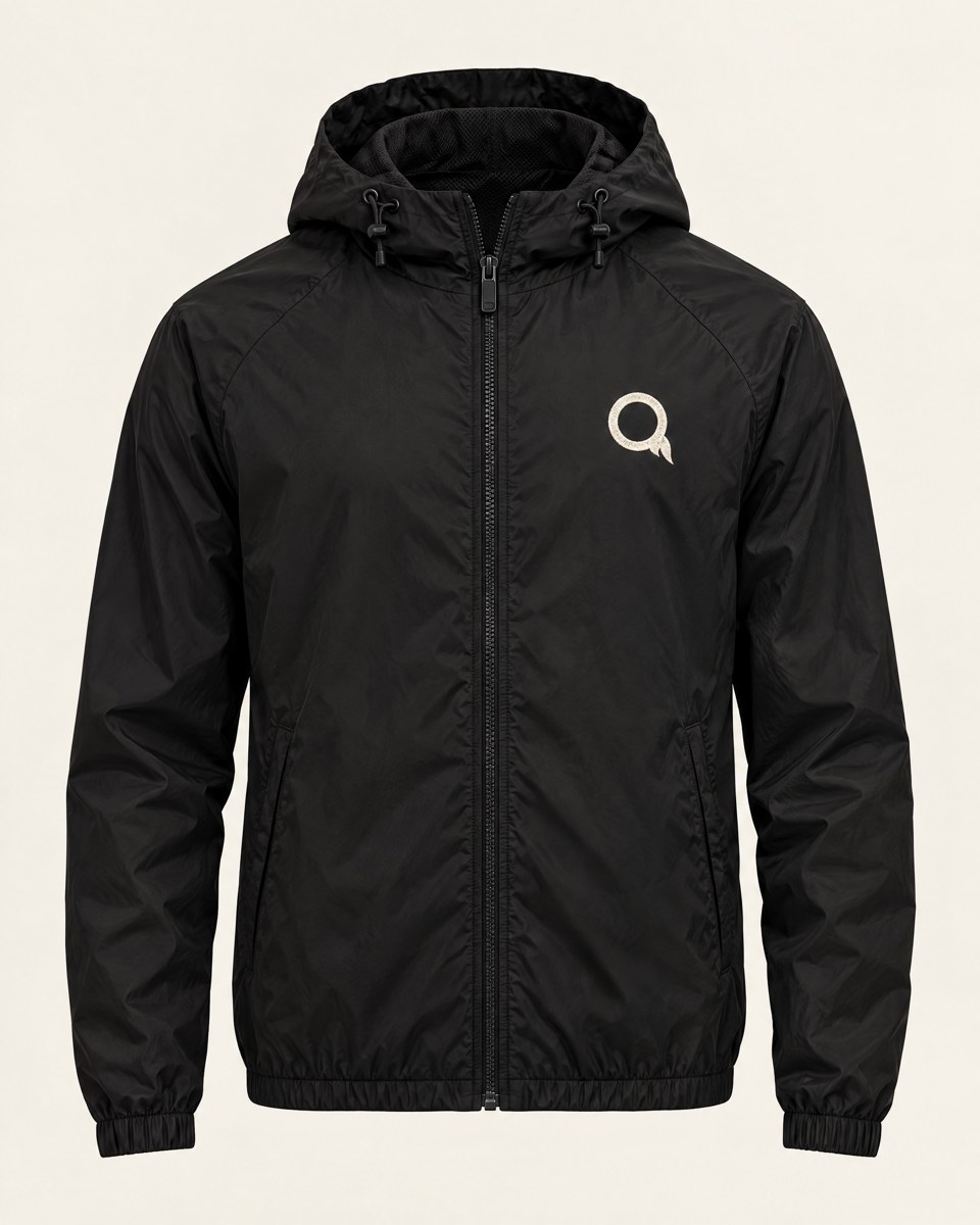 Ink windbreaker with the bone Ember Q chest mark.