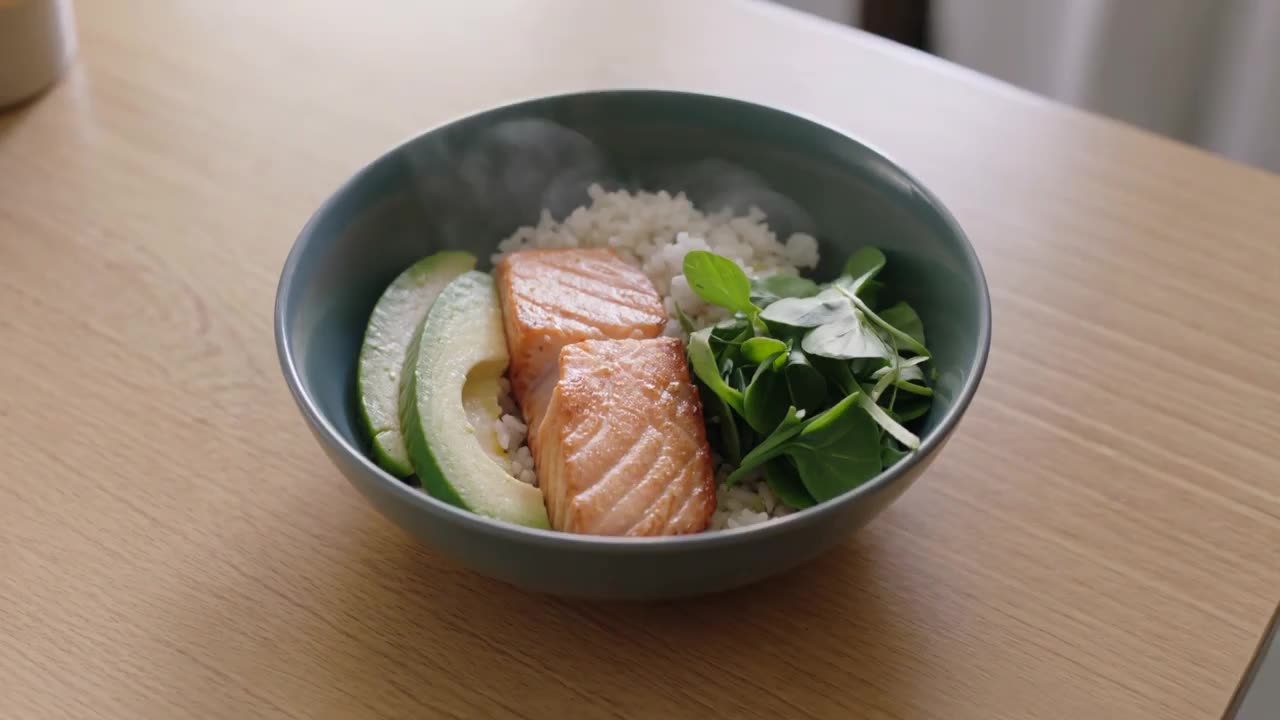 A bowl of salmon, rice and greens on a table